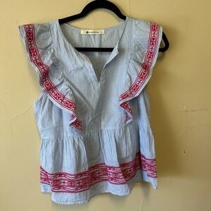 The Impeccable Pig Blue and Red Ruffle Blouse